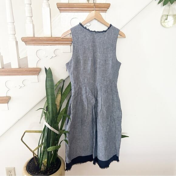 Cynthia Rowley Linen Sheath Dress Blue Sleeveless Raw Edge Trim Button Zip Sz 8 - Picture 6 of 8